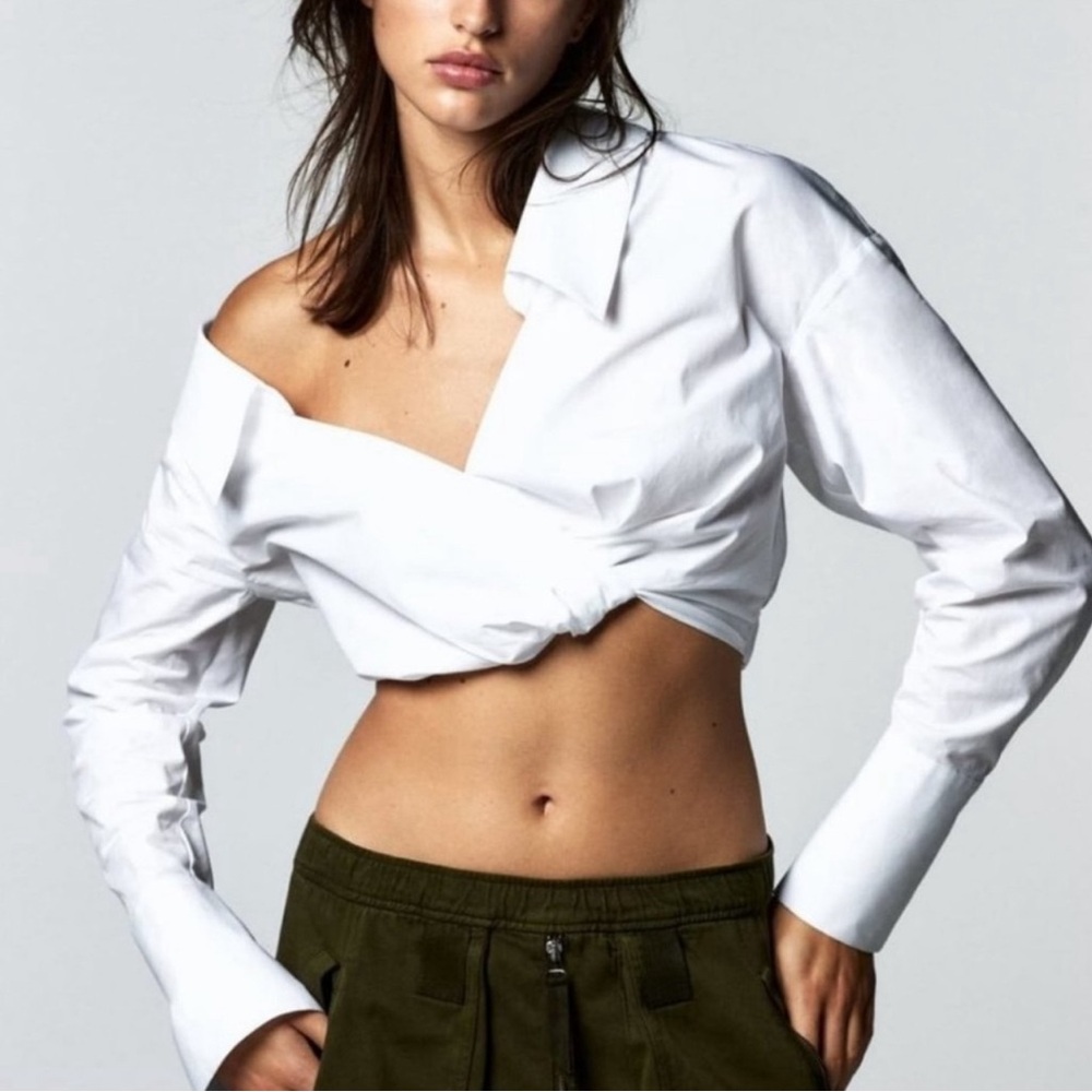 Zara Asymmetric Crop White Shirt Size S 8512/545